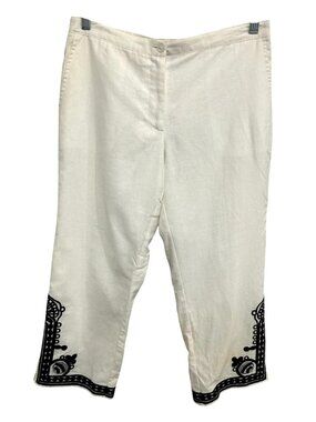Linen With Love NWT White Linen Pants Black Embroidery Hem Size Small